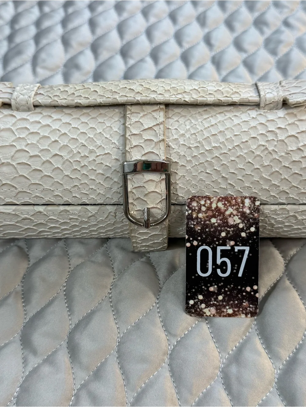 Cream Snakeskin textured Jewelry case with Silver Buckle
